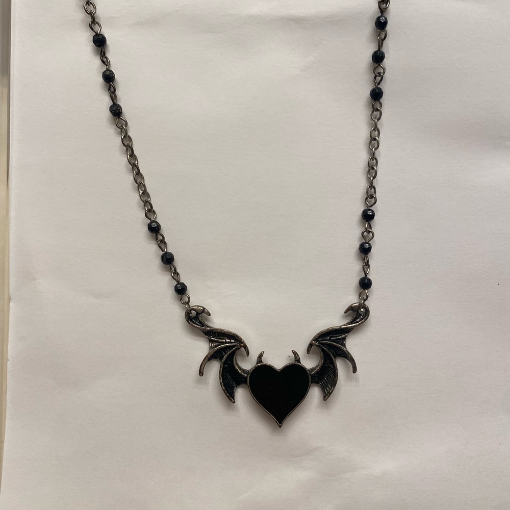 Black Heart Gothic Necklace with Bat Wings